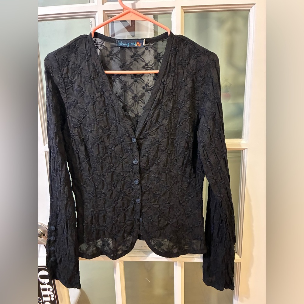 Vintage Johnny Was Black Crinkle Rayon Sheer Button Front Blouse Made USA